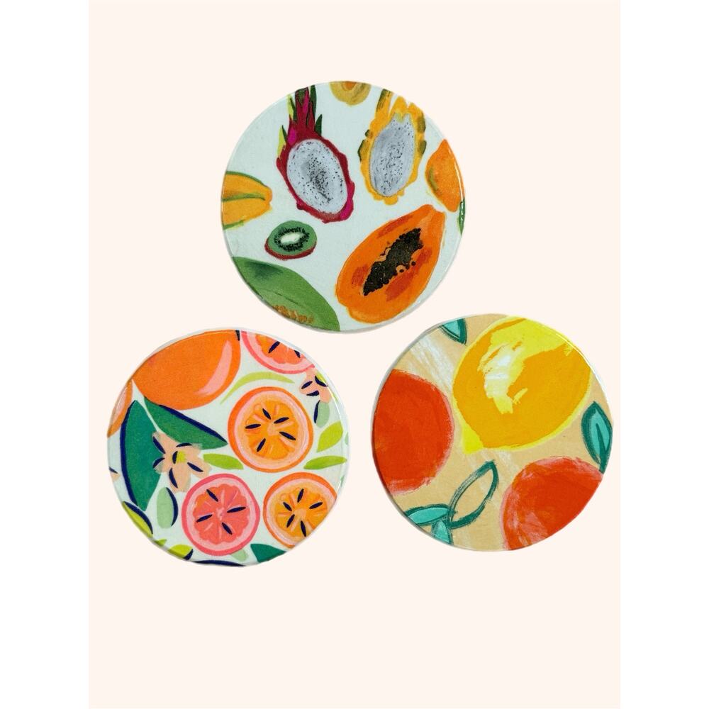 Tropical Fruit Coasters | Colorful Round Wood Coaster Set of 3 - Picture 2 of 3